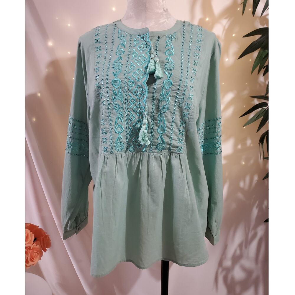 Soft Surroundings NWOT Tassel Embroidered Sequin Popover Blouse Sz 1X Green Boho